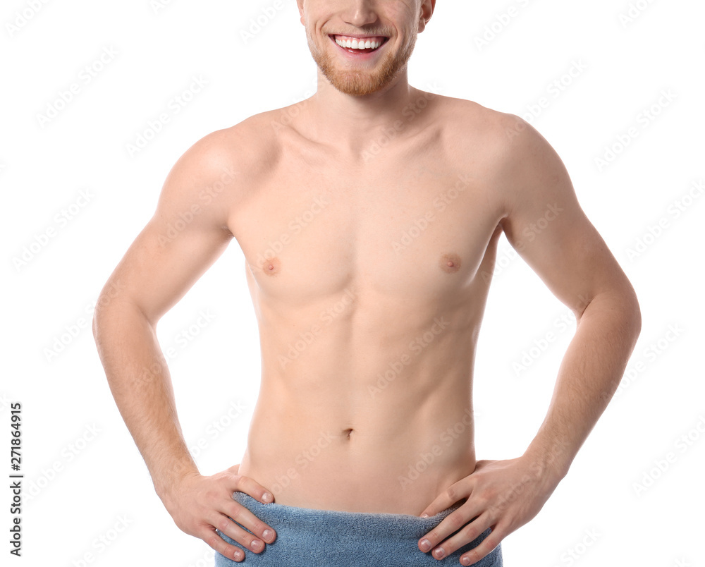 Young man with slim body in towel on white background, closeup - obrazy, fototapety, plakaty 