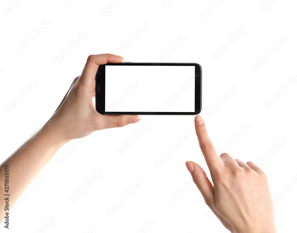 Woman holding smartphone with blank screen on white background, closeup of hands. Space for text Woman holding smartphone with blank screen on white background, closeup of hands. Space for text