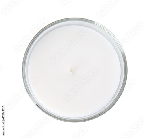 Fotografía Candle in glass holder on white background, top view