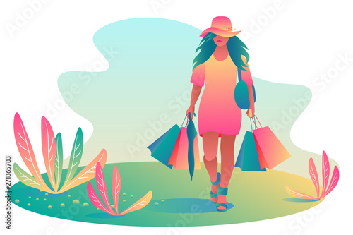 A happy young woman in a dress and a hat carries on sale a lot of shopping bags in bright packages on the lawn of the summer sun. Template, colorful gradient flat design, vector illustration
