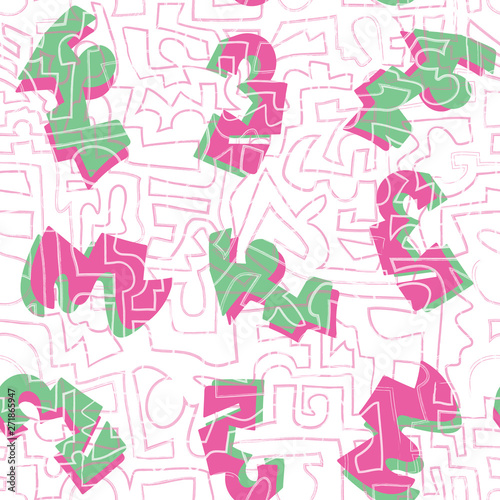 Vector hand drawn doodle art pink, green seamless pattern on white background. Perfect graphic design elements, wallpaper, scrapbooking, poster, or fabric print.