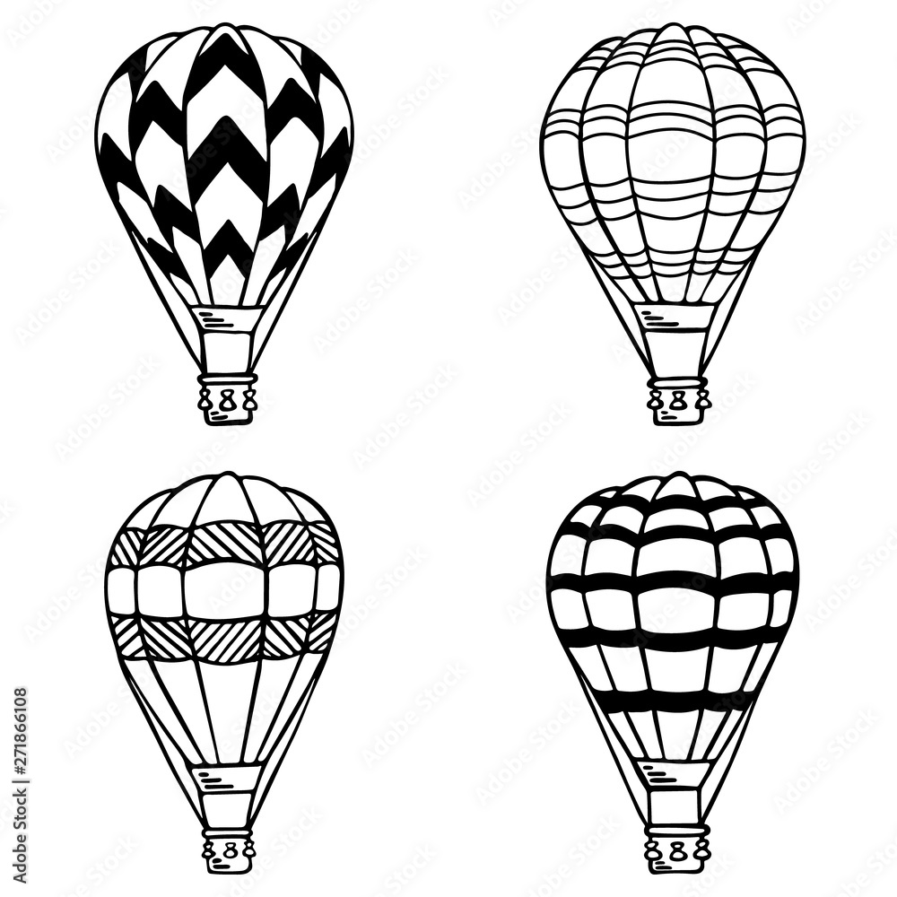 Obraz premium Hot air balloons set. Vector illustration. Aerostat for decoration for holidays, travel, greeting cards, wedding, invitations, summer, holidays and greetings, scrapbooking and wrapping paper 