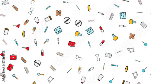 Seamless pattern texture of medicine items icons pricks pills pipettes stethoscopes tools doctor flasks capsules cans syringes on a white background flat lay top view. Vector illustration