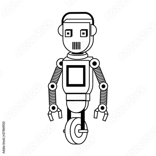 Robot funny character cartoon isolated in black and white