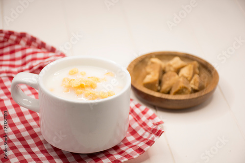 Mazamorra of corn and milk, traditional Colombian food.