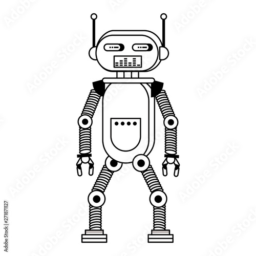Robot funny character cartoon isolated in black and white