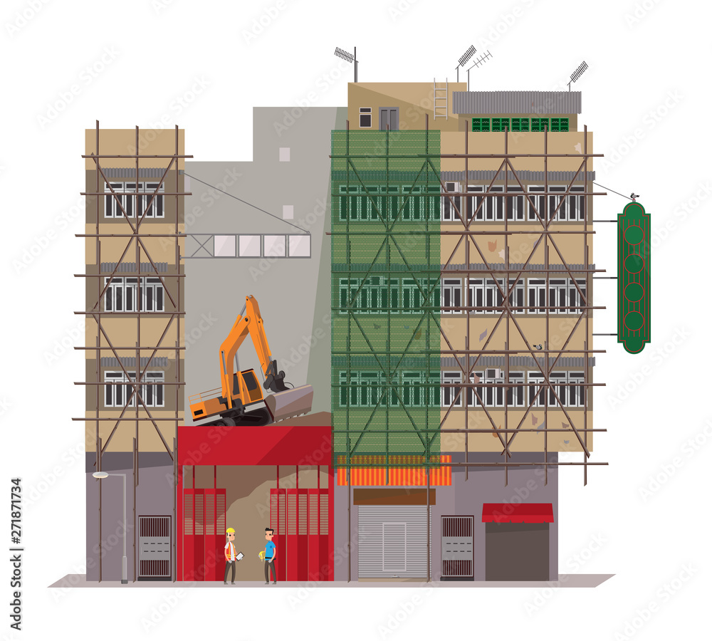 Vector illustration of some Hong Kong Buildings are under dismantlement ...