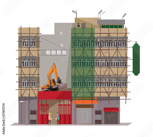 Vector illustration of some Hong Kong Buildings are under dismantlement and renovation