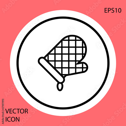 Black Oven glove icon isolated on red background. Kitchen potholder sign. Cooking glove. White circle button. Vector Illustration