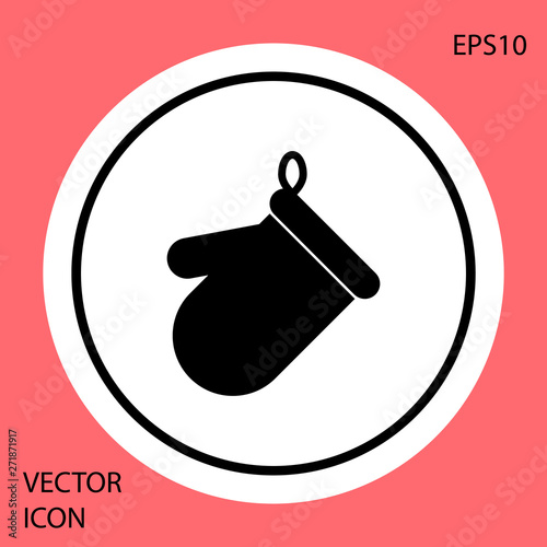 Black Oven glove icon isolated on red background. Kitchen potholder sign. Cooking glove. White circle button. Vector Illustration