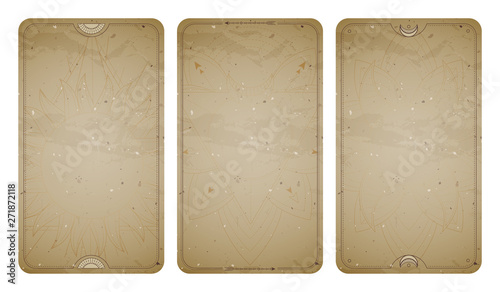Vector set of three vintage backgrounds with geometric symbols and frames. Abstract geometric symbols and sacred mystic signs drawn in lines.
