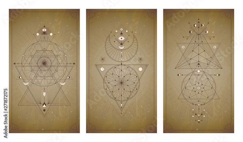 Vector set of three vintage backgrounds with geometric symbols and frames. Abstract geometric symbols and sacred mystic signs drawn in lines.