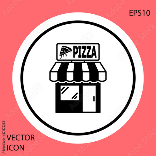Black Pizzeria building facade icon isolated on red background. Fast food pizzeria kiosk. White circle button. Vector Illustration