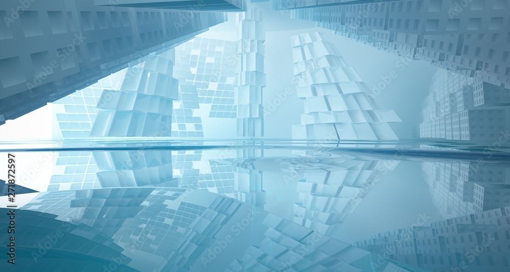 Abstract white and blue water parametric interior with window. 3D illustration and rendering.