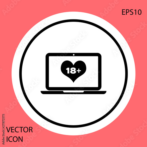 Black Laptop computer with 18 plus content heart icon isolated on red background. Age restriction symbol. 18 plus content sign. Adult channel. White circle button. Vector Illustration