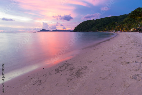 Beautiful sunset with landscape view from ao phrao, samet island in Thailand. photo