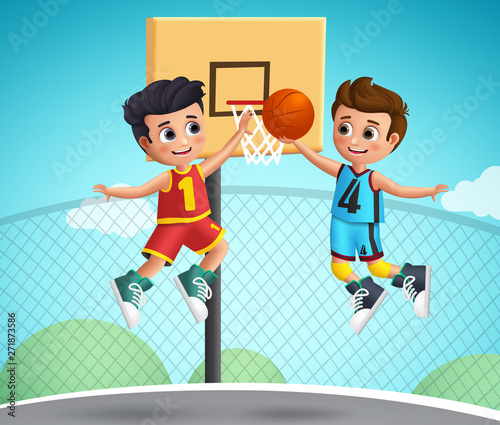 Kids characters playing basketball vector illustration.Young school boys wearing basketball uniform playing  in the court playground. Vector illustration.