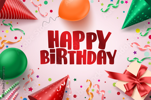 Happy birthday text vector banner design. Birthday greetings card in pink background with colorful elements like balloons, hats, canldes, gift and confetti for holiday celebration. Vector illustration