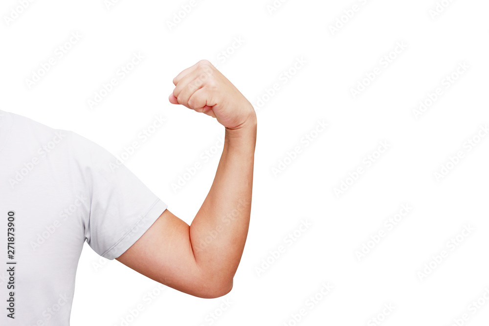 Arms of men. Pretending to push the muscles. Objects on a white background and free space for text or objects for advertising.
