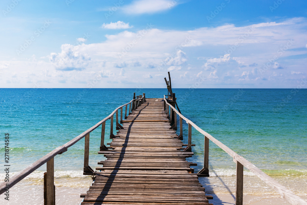 Wooden bridge in summer background with  beautiful landscape view from samet island in Thailand.