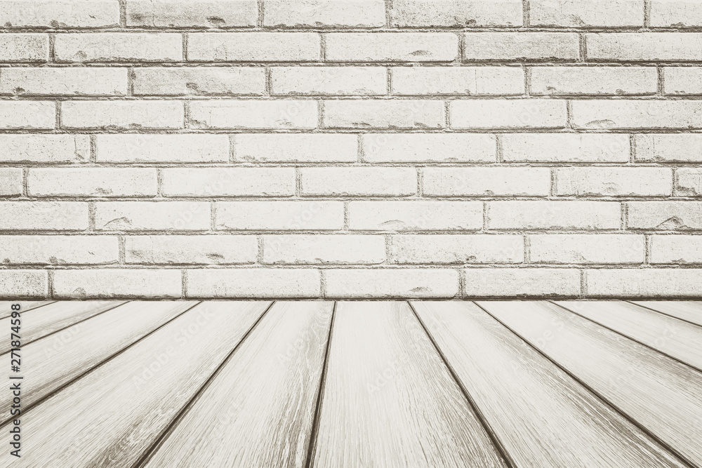 Vintage white brick wall and wood floor background and texture