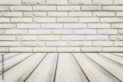 Vintage white brick wall and wood floor background and texture © torsakarin