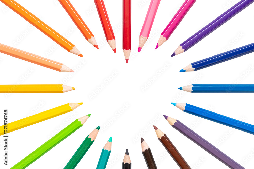 heart frame of colored pencils isolated on white background