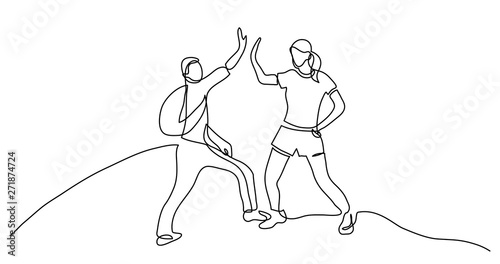 continuous line drawing of two cheerful young campers giving high five