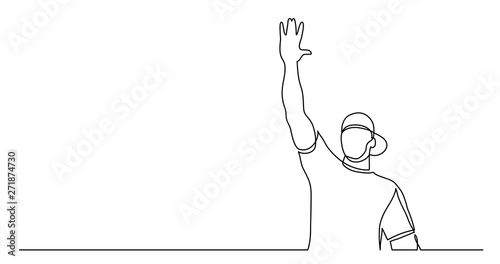 continuous line drawing of young healthy man in cap giving high five