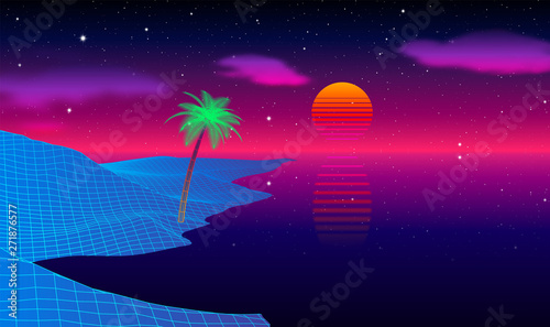 Beach with palm tree at sunset with synthwave or retrowave old 80s computer game style