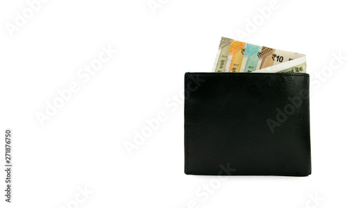 Business Suceess and Profit concept, Brand new 500 200 50 10 rupee Indian currency in a black wallet on white background