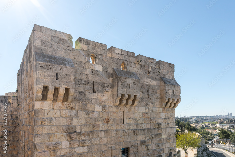 Fragment  of the city walls near the Jaffa Gate in old city of Jerusalem, Israel