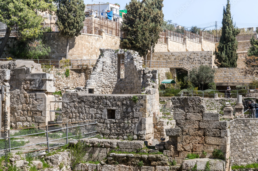 Ancient ruins in the courtyard of Pools of Bethesda in the old city of Jerusalem, Israel