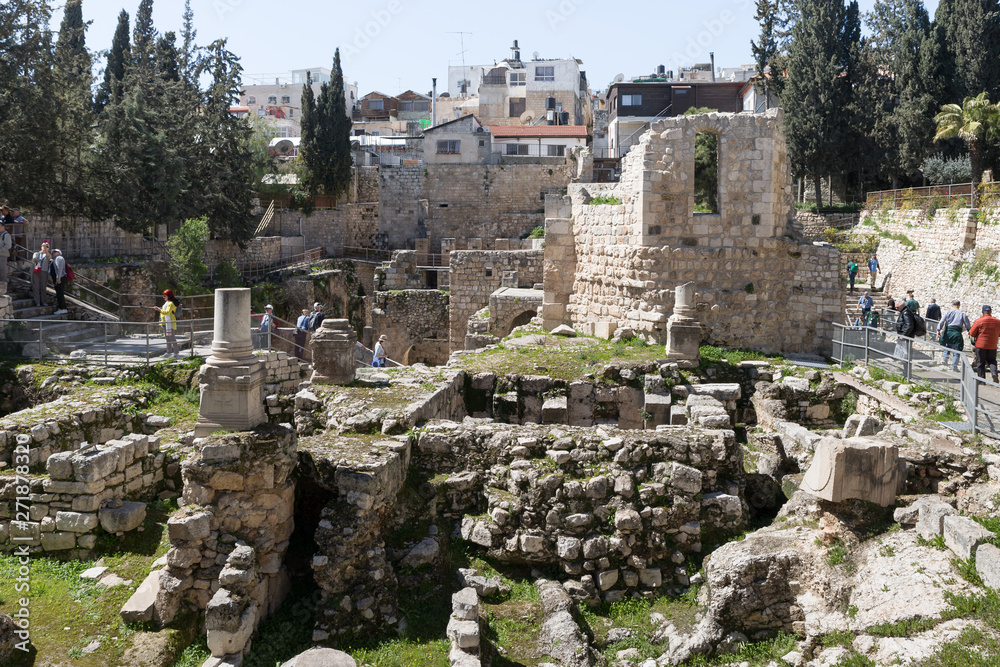Ancient ruins in the courtyard of Pools of Bethesda in the old city of Jerusalem, Israel
