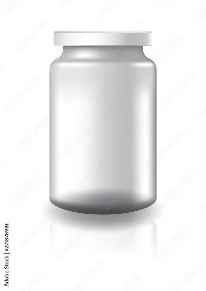 Blank clear round jar with white lid high size for supplements or food product. Isolated on white background with reflection shadow. Ready to use for package design. Vector illustration. Blank clear round jar with white lid high size for supplements or food product. Isolated on white background with reflection shadow. Ready to use for package design. Vector illustration.