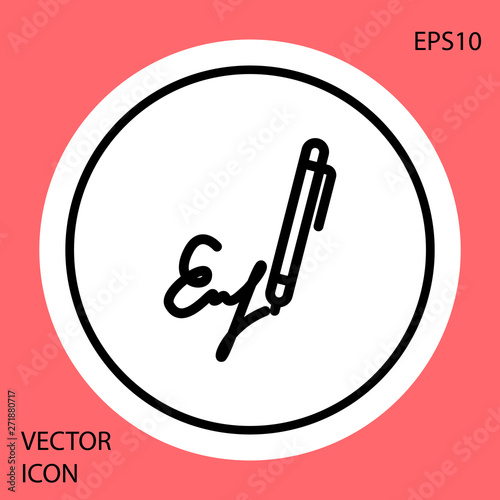 Black Signature line icon isolated on red background. Pen and undersign, underwrite, ratify symbol. White circle button. Vector Illustration