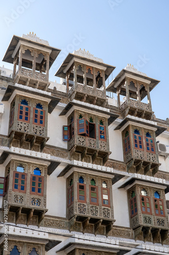 Detail of architecture, decorated facade in Jaipur, Rajasthan, India