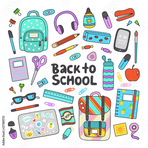 Back to school hand drawn flat vector set. Education icons, design elements in cartoon style.