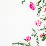 Pink peonies and eucalyptus on white background. Floral frame. Flat lay, top view