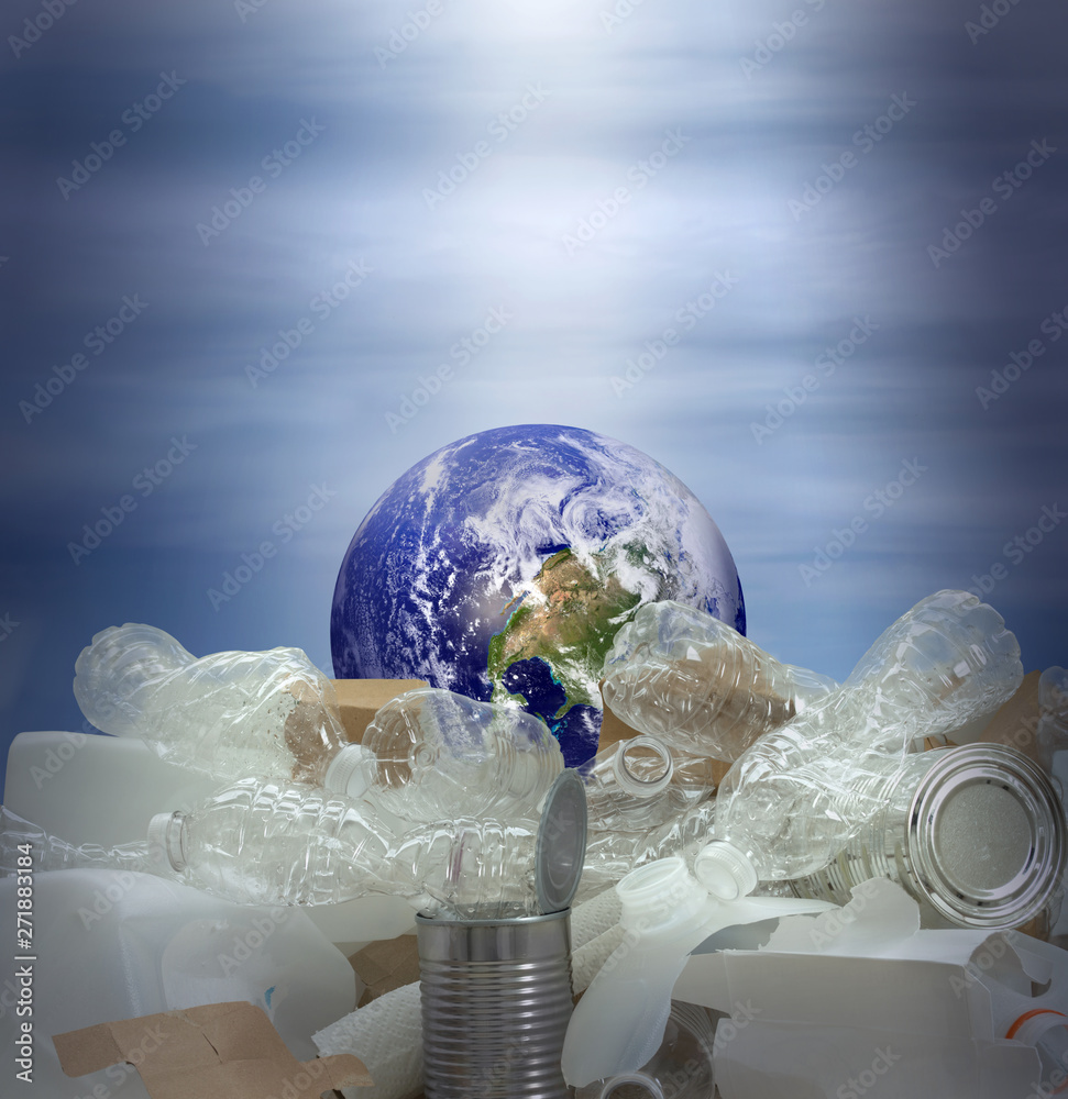 Earth drowning in massive pile of recyclable plastic and other product containers showing