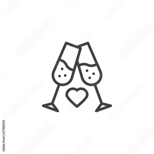 Two glasses of champagne with heart line icon. linear style sign for mobile concept and web design. Couple Champagne Glasses toasting outline vector icon. Symbol, logo illustration. Vector graphics