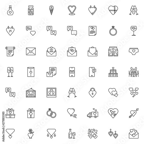 Love and wedding line icons set. linear style symbols collection, outline signs pack. vector graphics. Set includes icons as elixir bottle, Heart calendar, Wedding invitation card, engagement rings