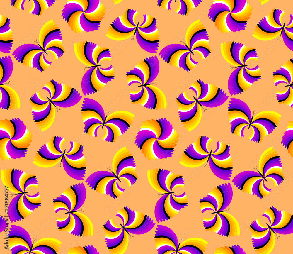 Yellow and purple background with flowers and butterflies. Spin illusion. Seamless pattern. Yellow and purple background with flowers and butterflies. Spin illusion. Seamless pattern.