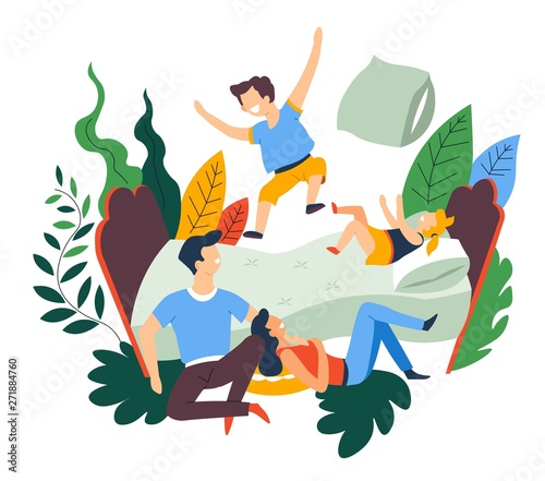 Family leisure pastime pillow fight and jumping on bed