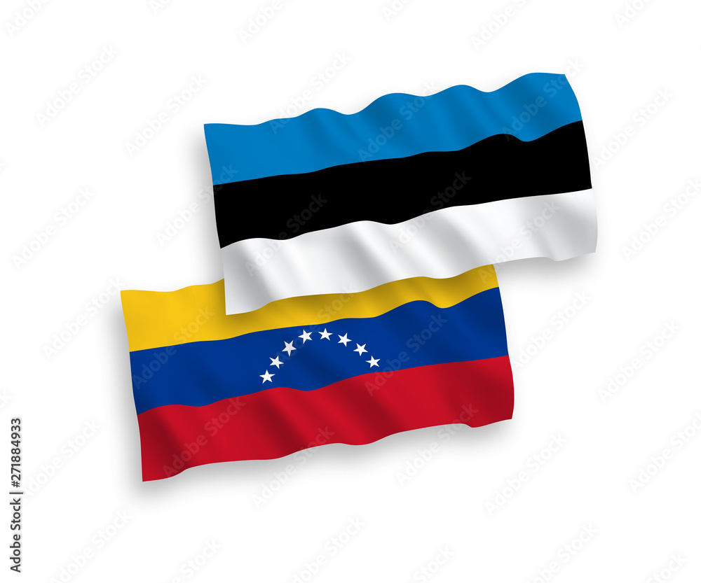 Fototapeta premium National vector fabric wave flags of Estonia and Venezuela isolated on white background. 1 to 2 proportion.