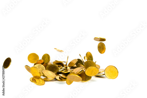 Falling gold coin  flying coin  rain money isolated on white background  business and financial wealth and take profit concept.