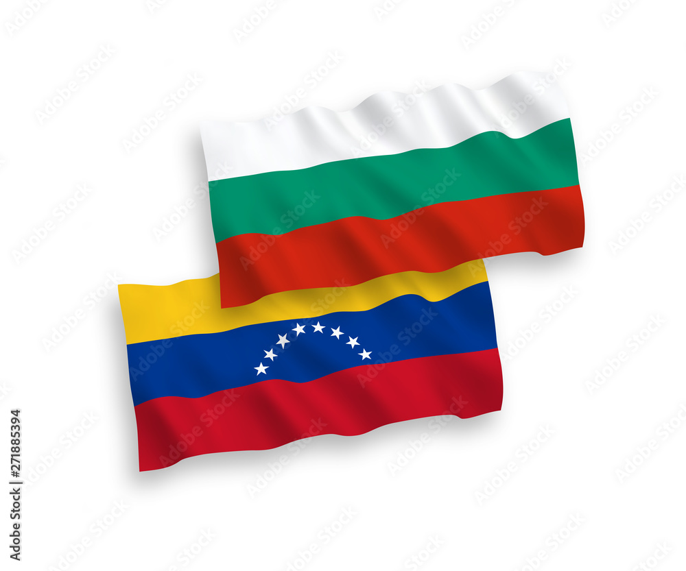 Obraz premium National vector fabric wave flags of Bulgaria and Venezuela isolated on white background. 1 to 2 proportion.