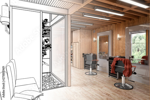 Hair Salon Designed in Wood (drawing) - 3d illustration photo