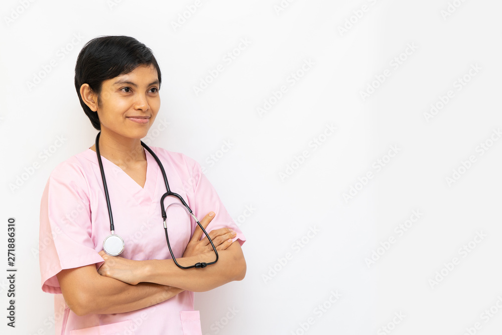 Asian female doctor with shot black hair wearing pink uniform and has stethoscope on shoulder. Confident and warmth looks isolated in white background. Space for text Asian female doctor with shot black hair wearing pink uniform and has stethoscope on shoulder. Confident and warmth looks isolated in white background. Space for text