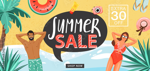 Summer sale promotion banner template. Happy couple sunbathing on a beach. Palm, hat, flip flops, lettering, swim ring and camera. Vector illustration for discount offer.